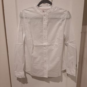 Boden White Long Sleeved Button Down Blouse with Ruffle Trim, US Size 10 NWT
